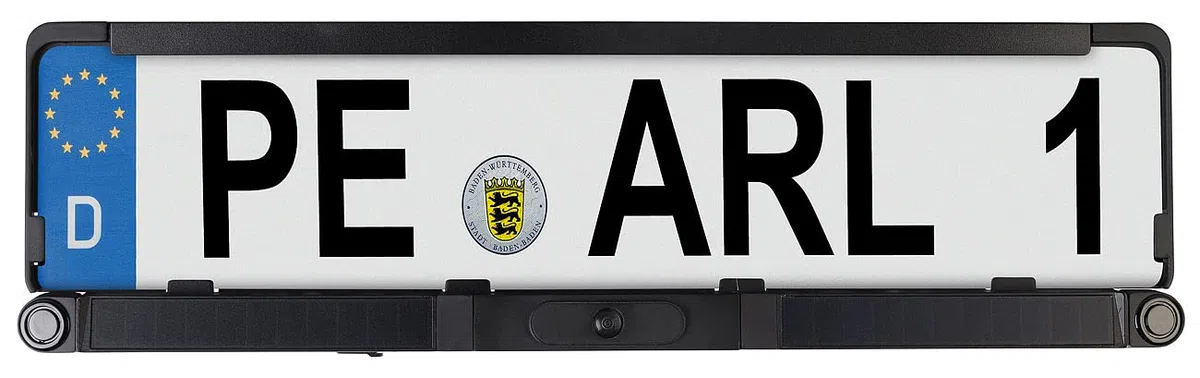 Lescars Rückfahrkamera: Solar-Funk-HD-Rückfahrcam Nummernschildhalter, Monitor, Abstandswarner (Rückfahrkamera nachrüsten, Nummernschild Solar, Auto)