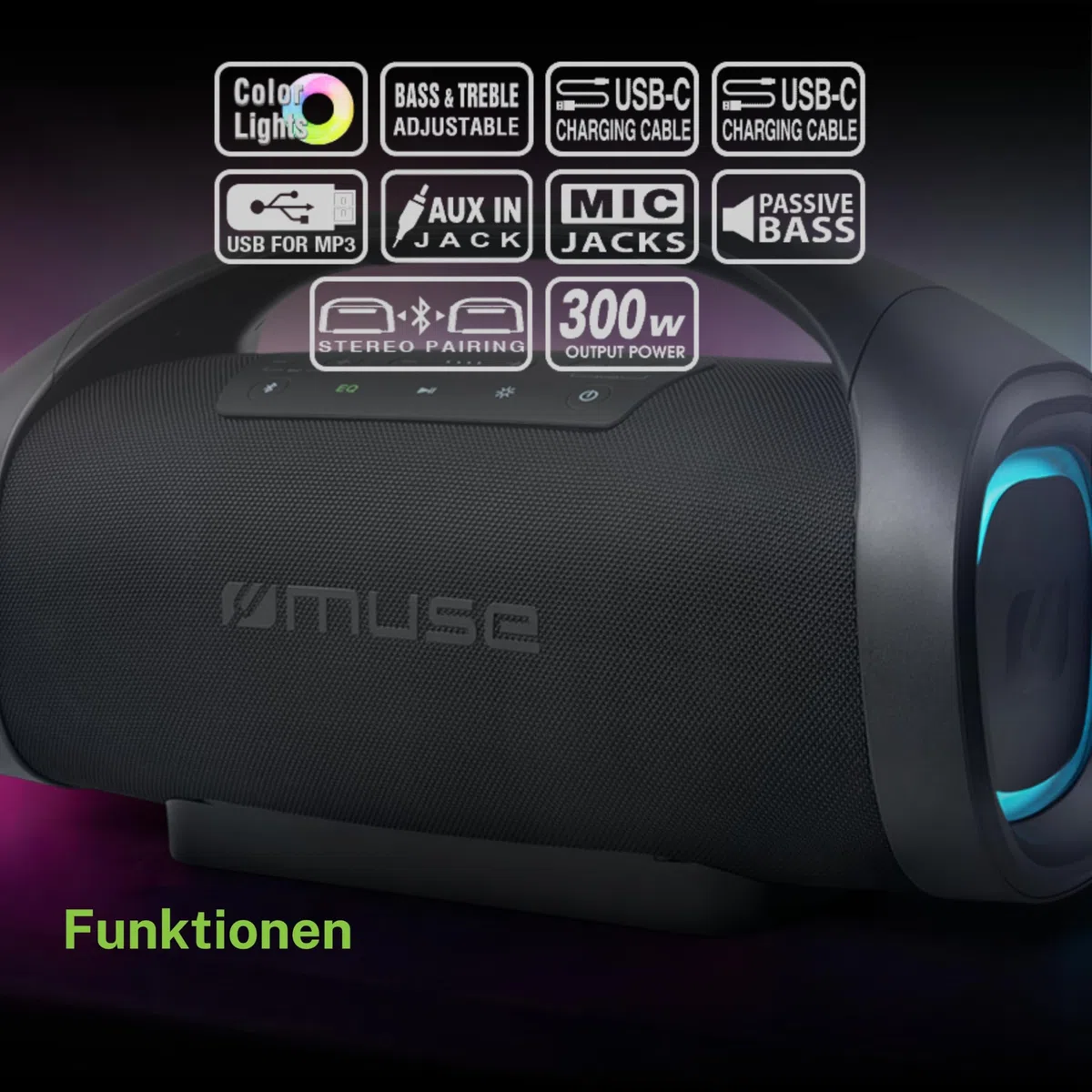 MUSE 300 Watt Schwarz tragbarer Bluetooth Lautsprecher, Splash-Proof, mit farbwechselnden LED-Lichtern, Wireless und Stereo Pairing, ideal für Outdoor, Wassergeschützt (IPX6)