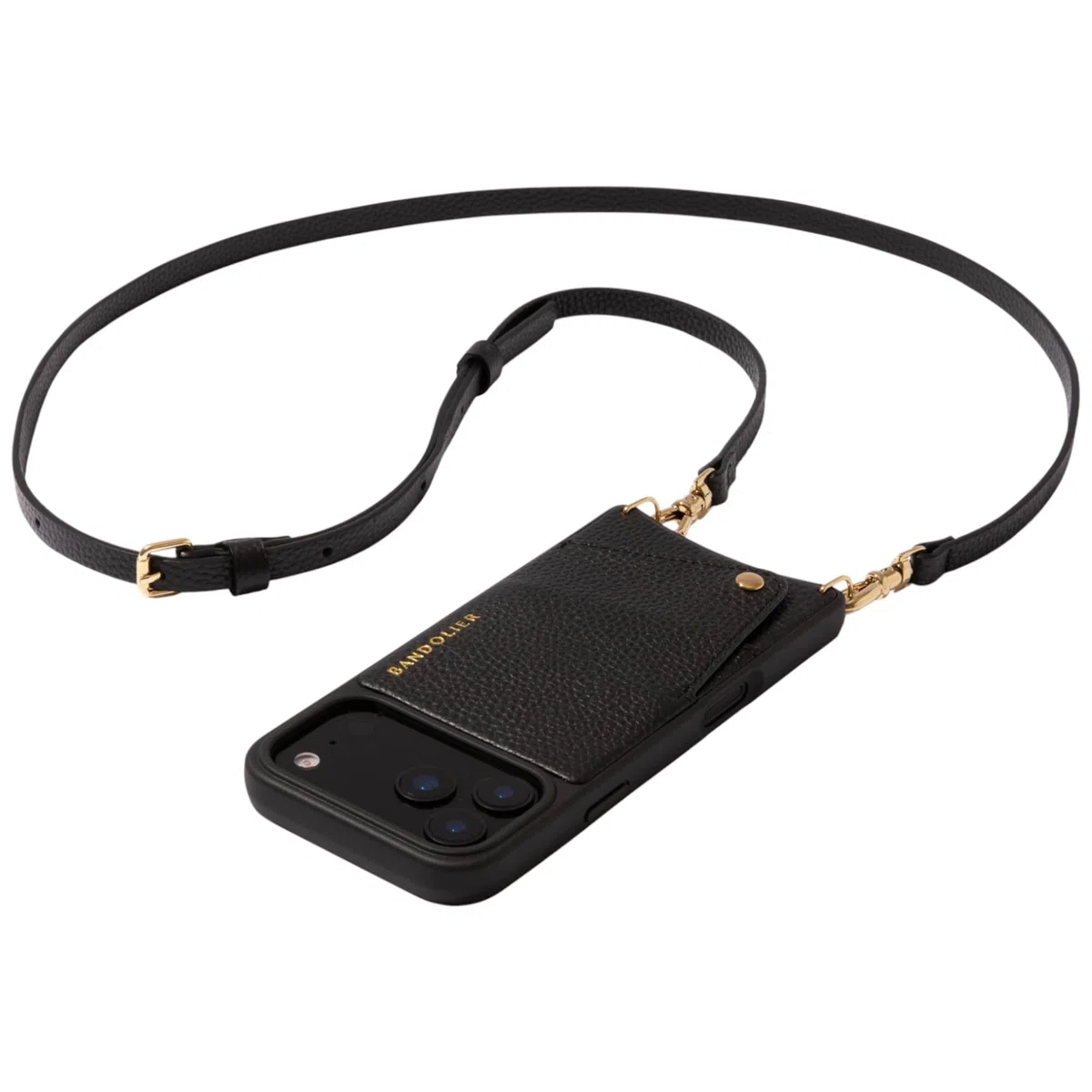 Bandolier Emma Crossbody Wallet Handyhülle für iPhone 17 Pro Kieselleder Verstellbarer & Abnehmbarer Crossbody-Gurt Kartenhalter mit Schnappverschluss Schwarz mit goldfarbenen Beschlägen