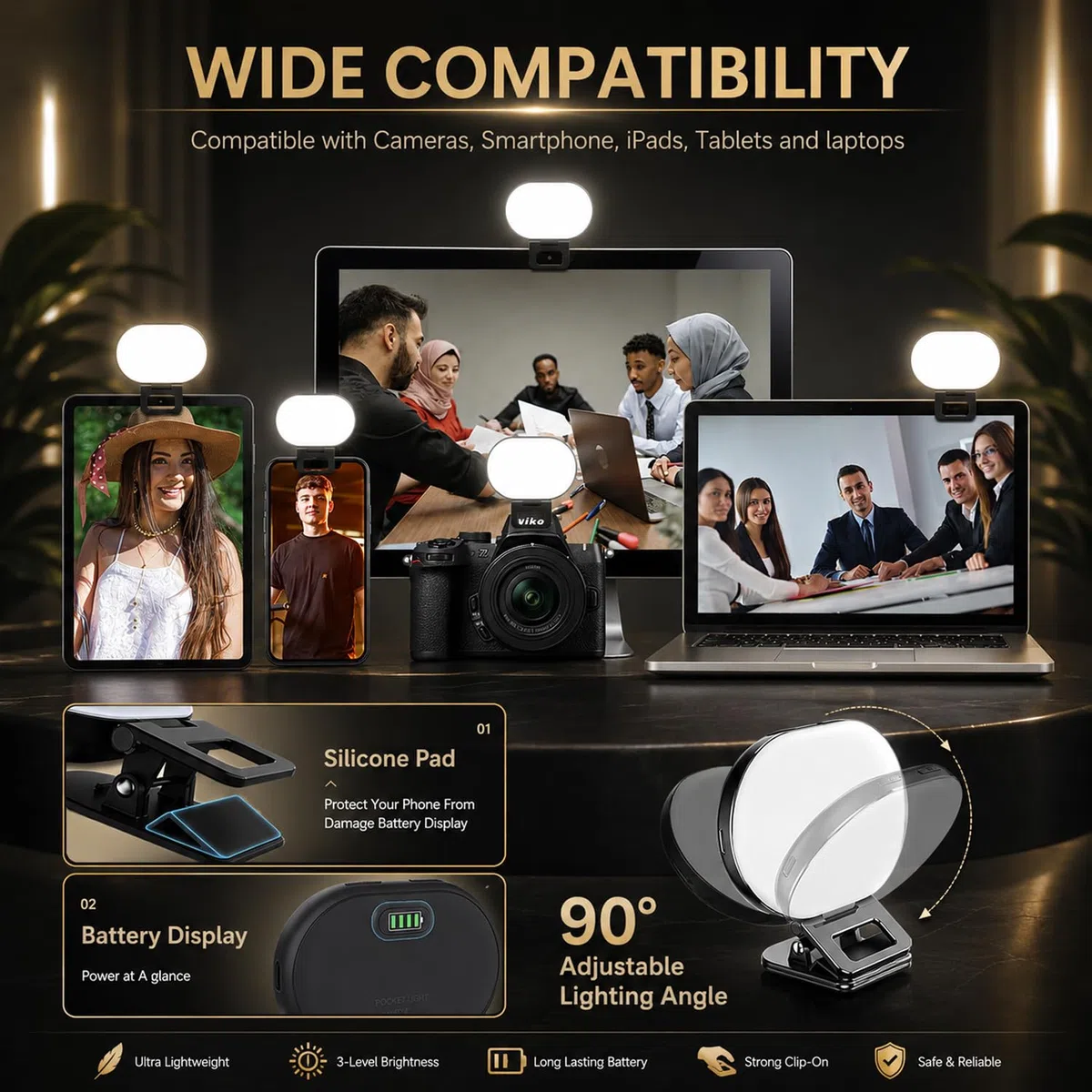 Weiches LED-Licht, wiederaufladbar, 2000 mAh, 2700–6500 K, Selfie-Licht mit Silikon-Clip, Typ-C-Aufladung, 3 Lichtmodi für Handys, Kameras, Laptops, iPads, perfekt für Make-up, Videoanrufe, TikTok &
