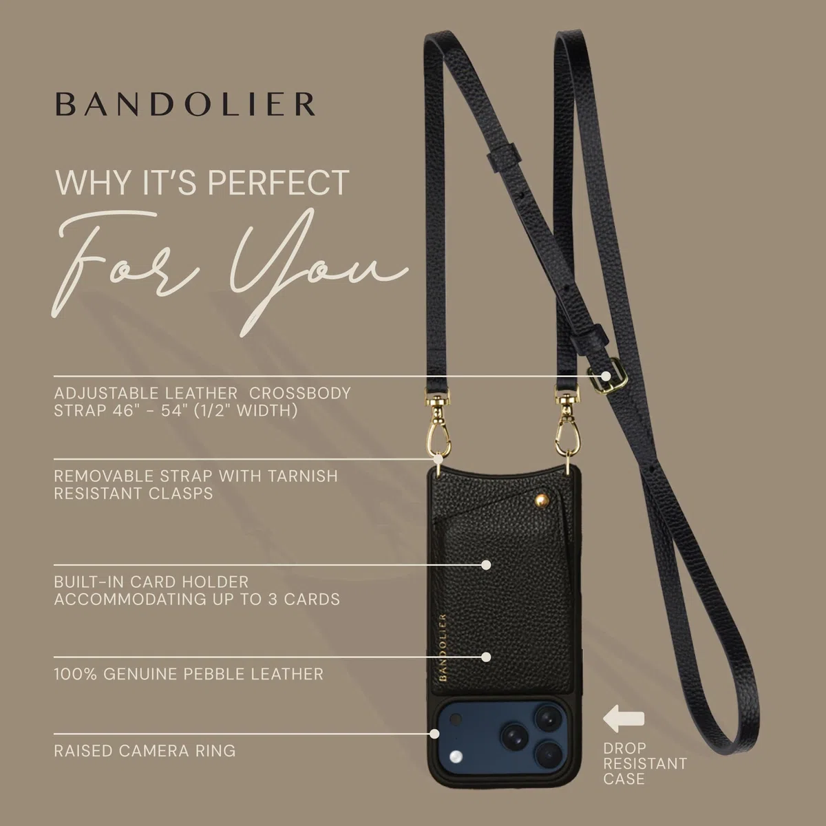 Bandolier Emma Crossbody Wallet Handyhülle für iPhone 17 Pro Kieselleder Verstellbarer & Abnehmbarer Crossbody-Gurt Kartenhalter mit Schnappverschluss Schwarz mit goldfarbenen Beschlägen