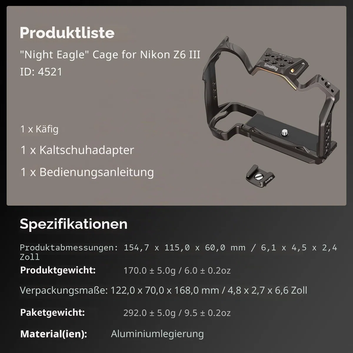 SMALLRIG Night Eagle Z6III Camera Cage Kamerakäfig für Nikon Z6 III, Vollkäfig aus Aluminiumlegierung, mit Schnellwechselplatte für Arca-Swiss und Blitzschuhhalterung für Mikrofon und Licht - 4521