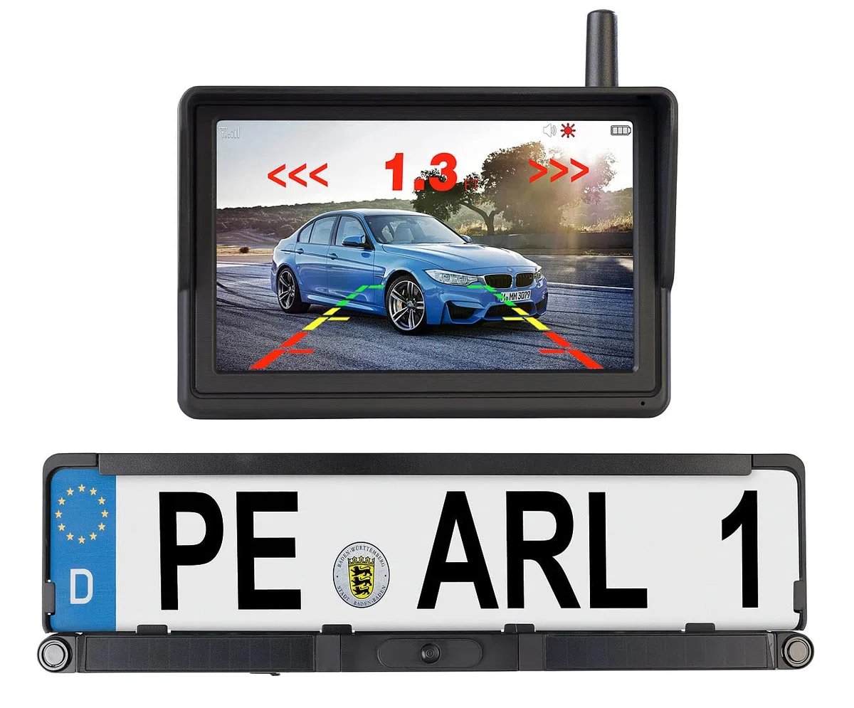 Lescars Rückfahrkamera: Solar-Funk-HD-Rückfahrcam Nummernschildhalter, Monitor, Abstandswarner (Rückfahrkamera nachrüsten, Nummernschild Solar, Auto)