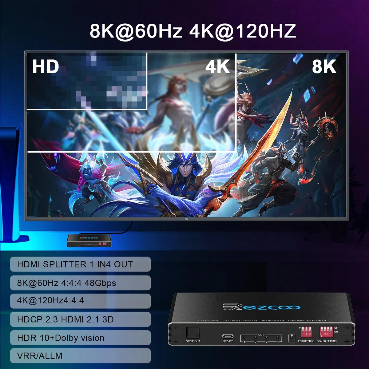 8K@60Hz 4K@120Hz HDMI 2.1 Splitter 1X4 Audio Extractor VRR ALLM HDCP2.3 HDR10 Optical SPDIF5.1 EDID Scaler 4K to 1080P HDCP Bypass Atmos Vision Dual Monitors for PS5 Xbox Soundbar Capture Card