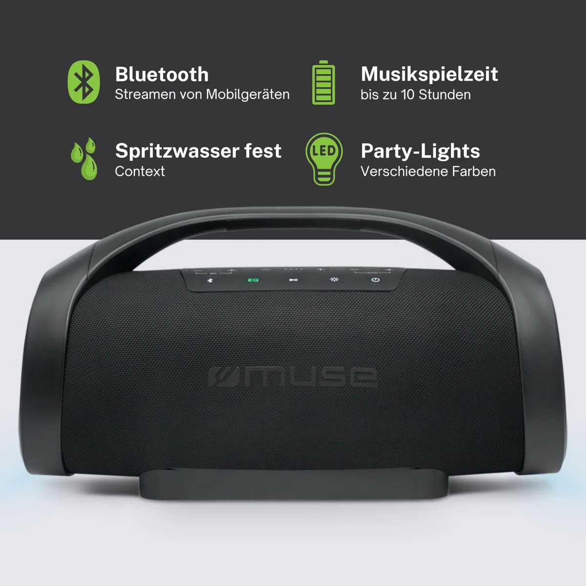 MUSE 300 Watt Schwarz tragbarer Bluetooth Lautsprecher, Splash-Proof, mit farbwechselnden LED-Lichtern, Wireless und Stereo Pairing, ideal für Outdoor, Wassergeschützt (IPX6)