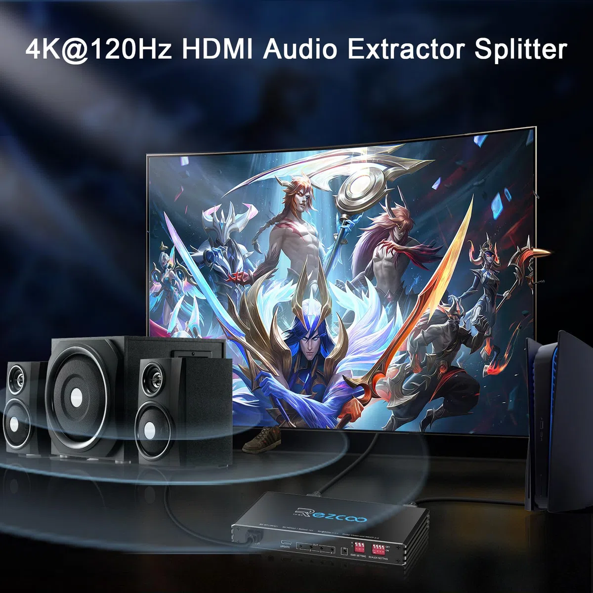 8K@60Hz 4K@120Hz HDMI 2.1 Splitter 1X4 Audio Extractor VRR ALLM HDCP2.3 HDR10 Optical SPDIF5.1 EDID Scaler 4K to 1080P HDCP Bypass Atmos Vision Dual Monitors for PS5 Xbox Soundbar Capture Card