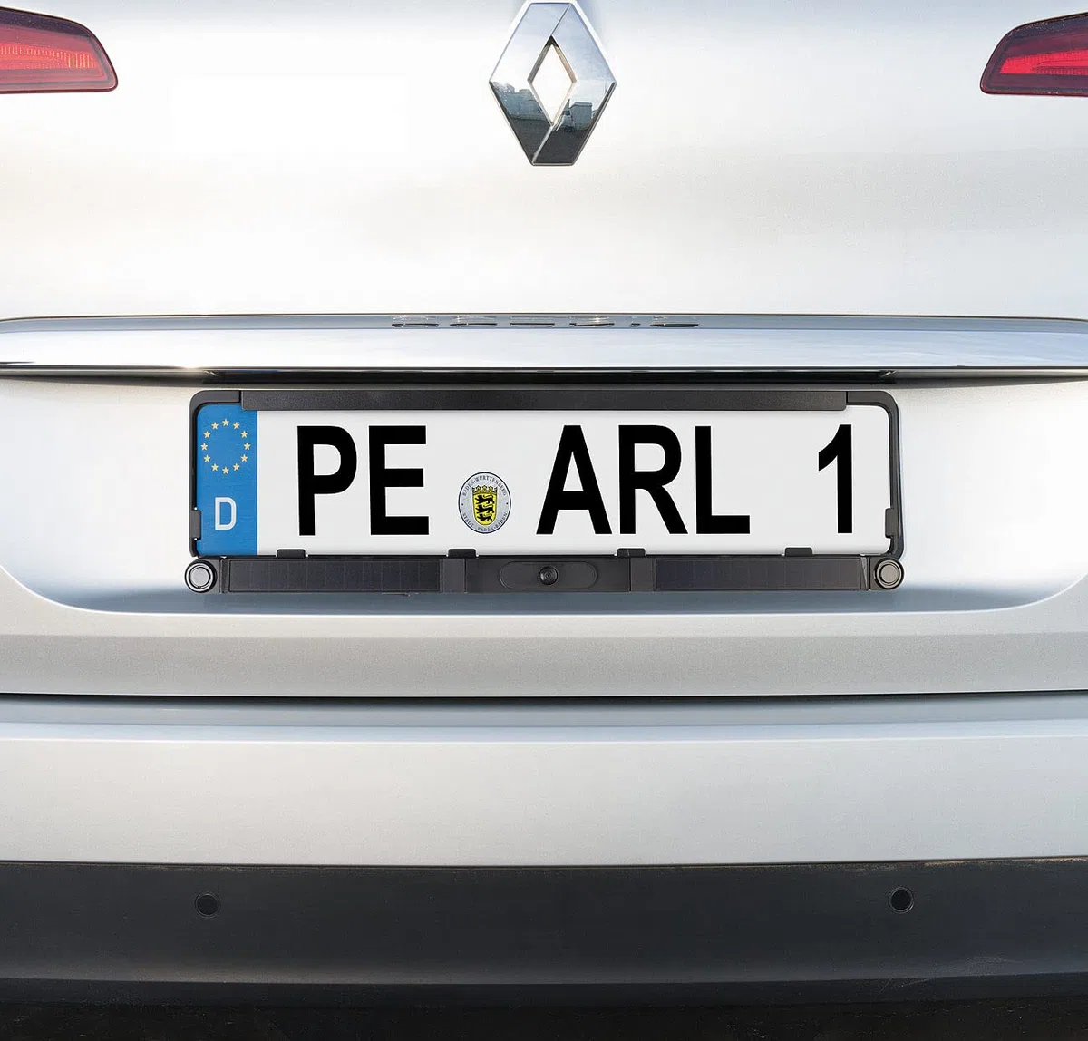 Lescars Rückfahrkamera: Solar-Funk-HD-Rückfahrcam Nummernschildhalter, Monitor, Abstandswarner (Rückfahrkamera nachrüsten, Nummernschild Solar, Auto)