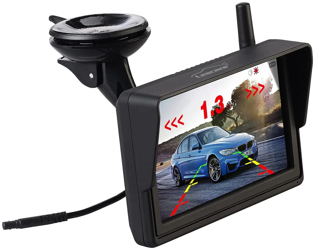 Lescars Rückfahrkamera: Solar-Funk-HD-Rückfahrcam Nummernschildhalter, Monitor, Abstandswarner (Rückfahrkamera nachrüsten, Nummernschild Solar, Auto)