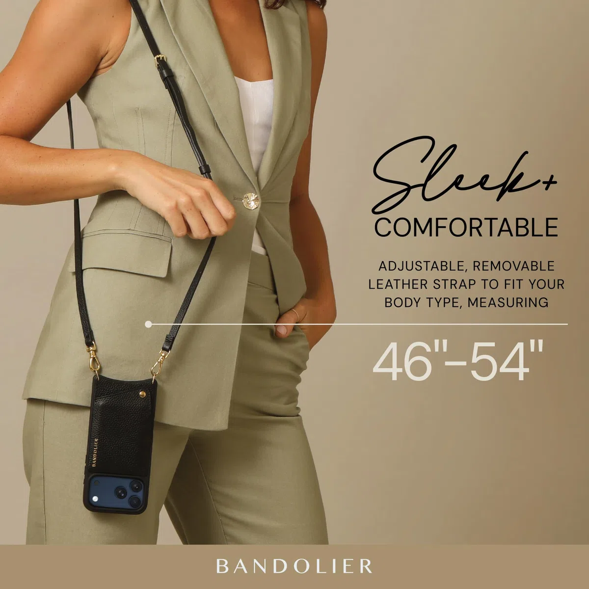 Bandolier Emma Crossbody Wallet Handyhülle für iPhone 17 Pro Kieselleder Verstellbarer & Abnehmbarer Crossbody-Gurt Kartenhalter mit Schnappverschluss Schwarz mit goldfarbenen Beschlägen