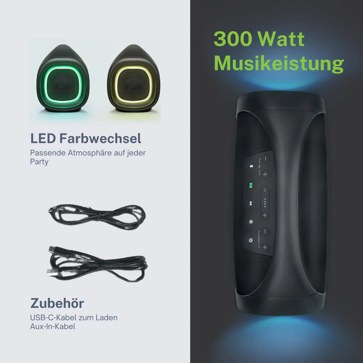 MUSE 300 Watt Schwarz tragbarer Bluetooth Lautsprecher, Splash-Proof, mit farbwechselnden LED-Lichtern, Wireless und Stereo Pairing, ideal für Outdoor, Wassergeschützt (IPX6)