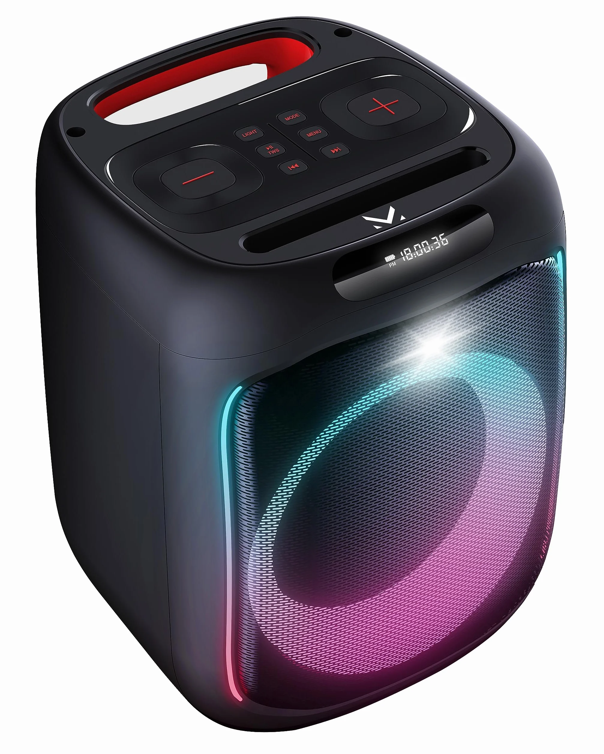 Majestic FIRE 12 Bluetooth-Lautsprecher, mehrfarbige LED-Lichter, USB/microSD/AUX-IN/MIC, kabelgebundenes Mikrofon inklusive, wiederaufladbarer Akku, TWS, Tragegriff
