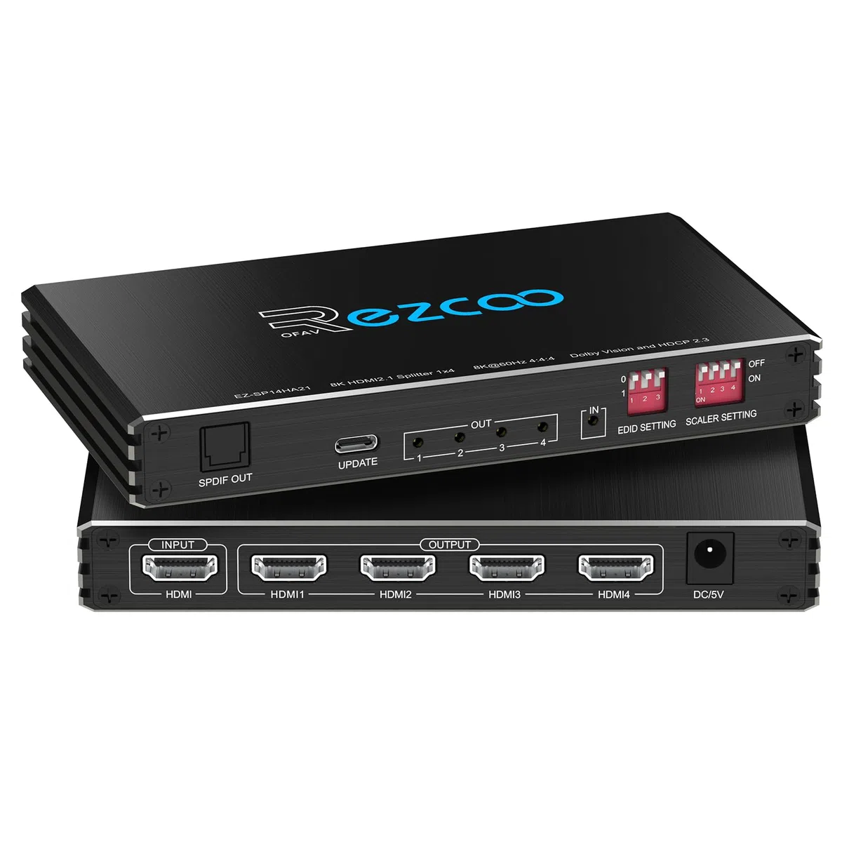 8K@60Hz 4K@120Hz HDMI 2.1 Splitter 1X4 Audio Extractor VRR ALLM HDCP2.3 HDR10 Optical SPDIF5.1 EDID Scaler 4K to 1080P HDCP Bypass Atmos Vision Dual Monitors for PS5 Xbox Soundbar Capture Card